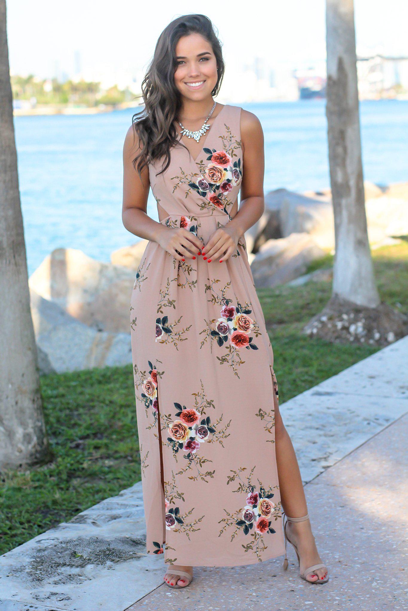 Taupe Floral Maxi Dress with Cut Outs ...